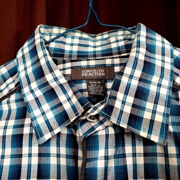 Kenneth Cole Reaction Business Dress Plaid Button Down - Size M - Cerulean Blue - Picture 9 of 14